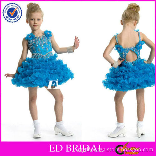Spaghetti straps scoop Beaded Appliqued bodice Layered Ruffled skirt organza short flower girl dress